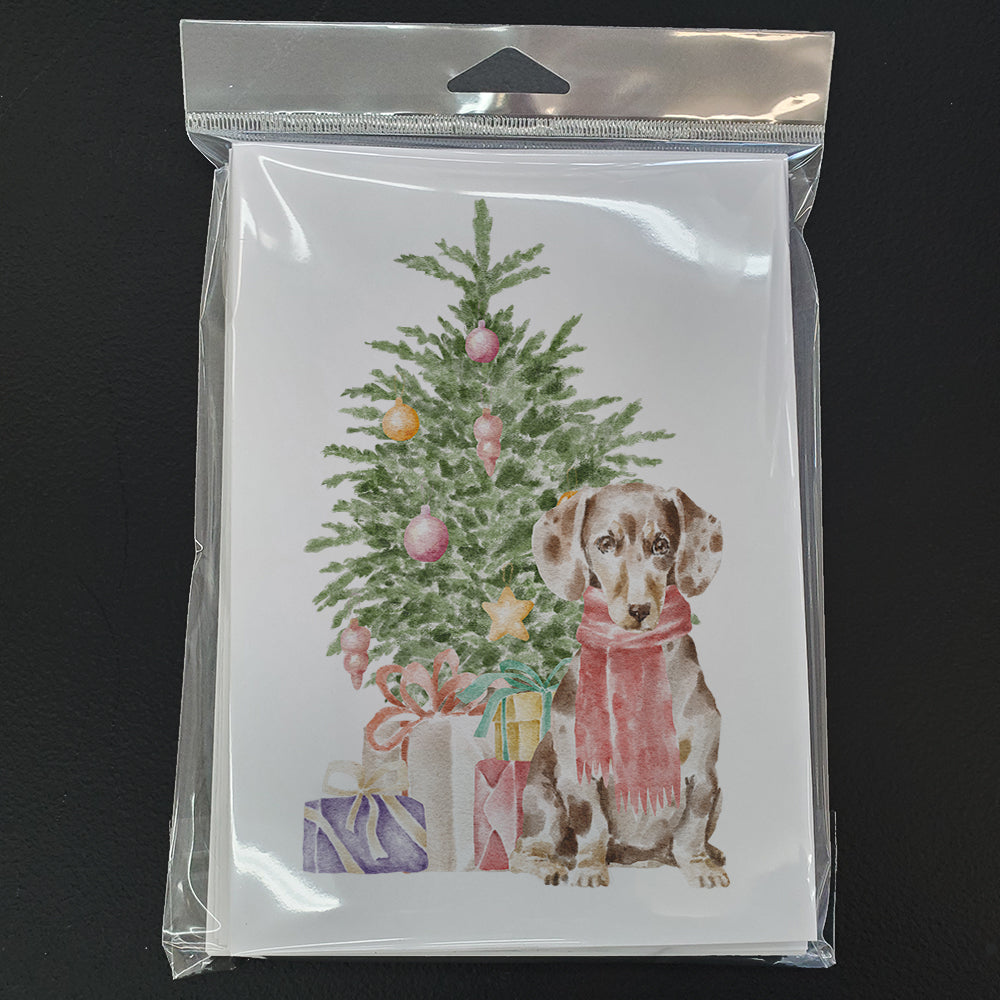 Dachshund Chocolate Piebald Dapple  Christmas Presents and Tree Greeting Cards Pack of 8 Blank Cards with Envelopes Whimsical A7 Size 5x7