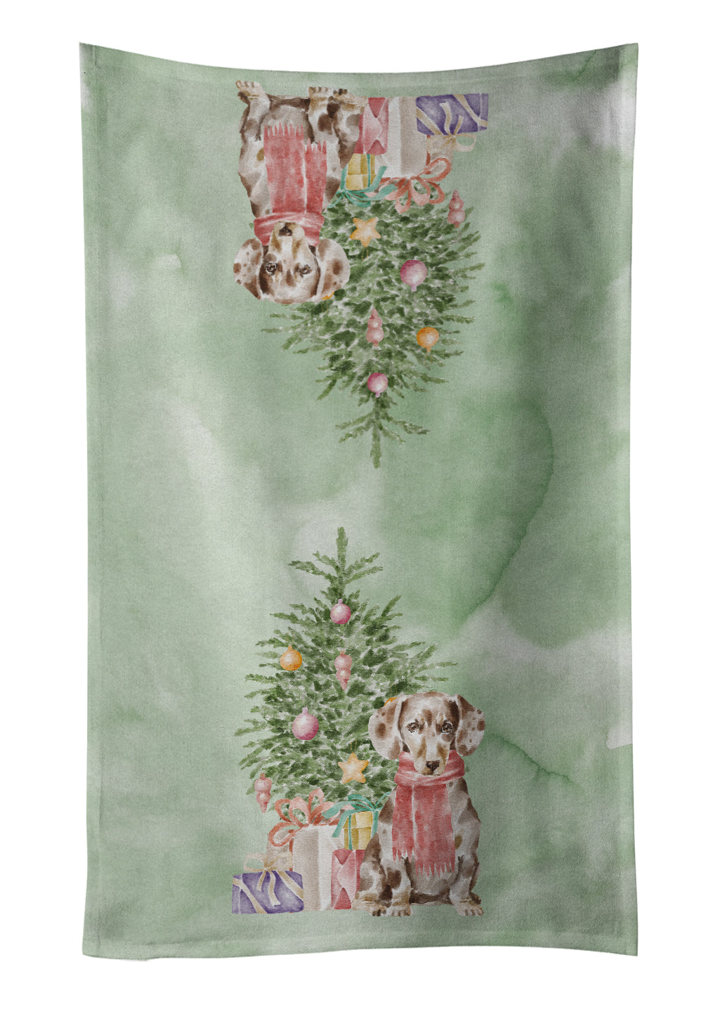 Dachshund Chocolate Piebald Dapple  Christmas Presents and Tree Kitchen Towel Velour Plush Front and Cotton Loop Back Machine Washable