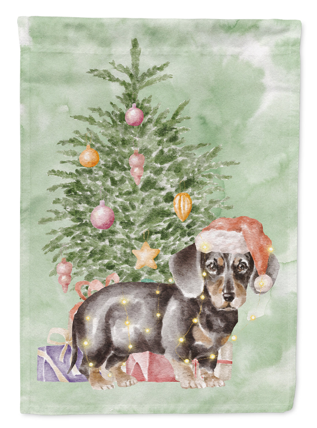 Dachshund Black Tan Puppy Christmas Presents and Tree House Flag 28x40 Porch Sleeve Pole Decorative Outside Yard Banner Artwork Wall Hanging, Polyester