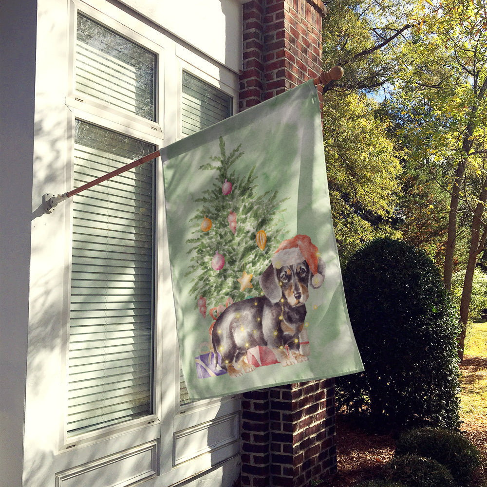 Dachshund Black Tan Puppy Christmas Presents and Tree House Flag 28x40 Porch Sleeve Pole Decorative Outside Yard Banner Artwork Wall Hanging, Polyester