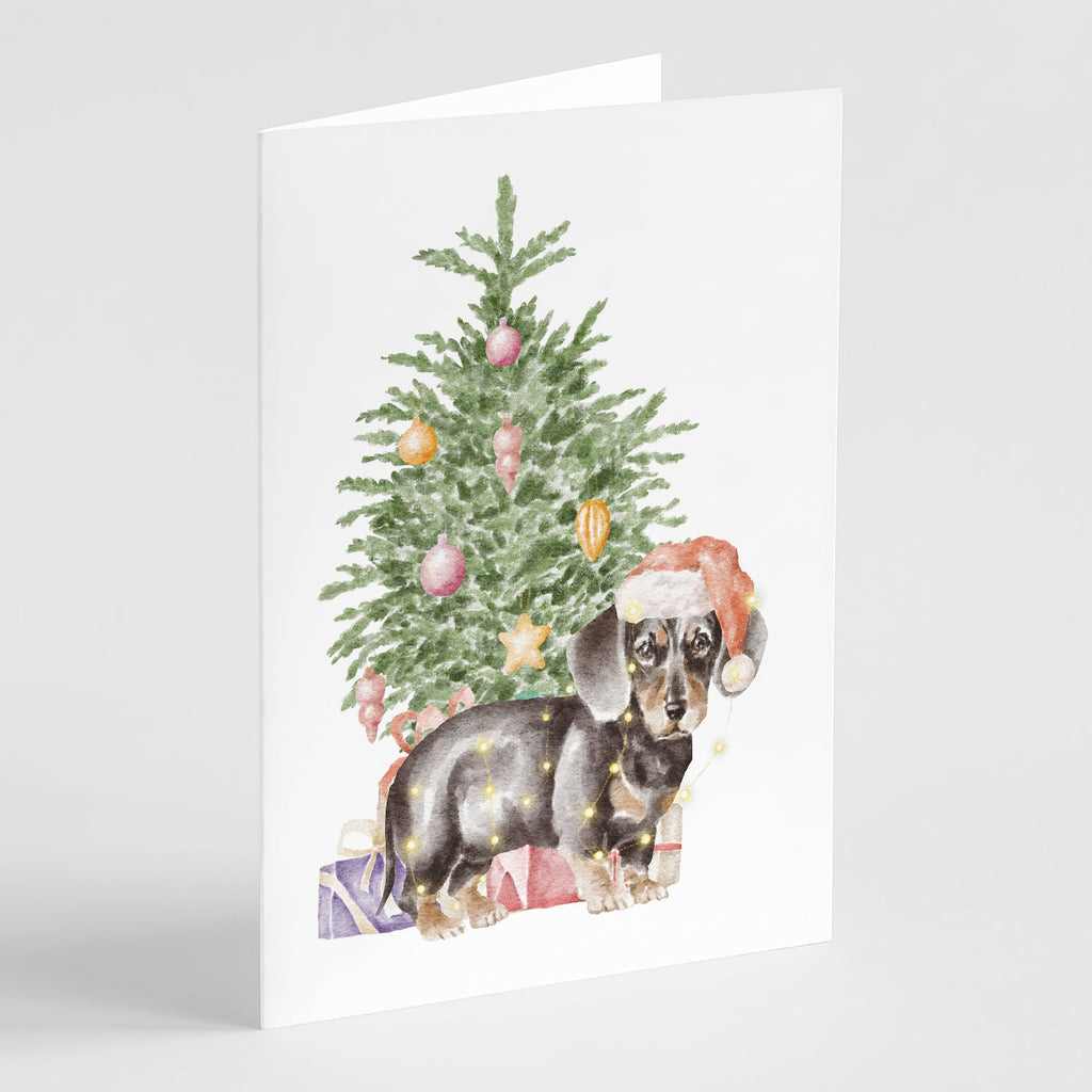 Dachshund Black Tan Puppy Christmas Presents and Tree Greeting Cards Pack of 8 Blank Cards with Envelopes Whimsical A7 Size 5x7