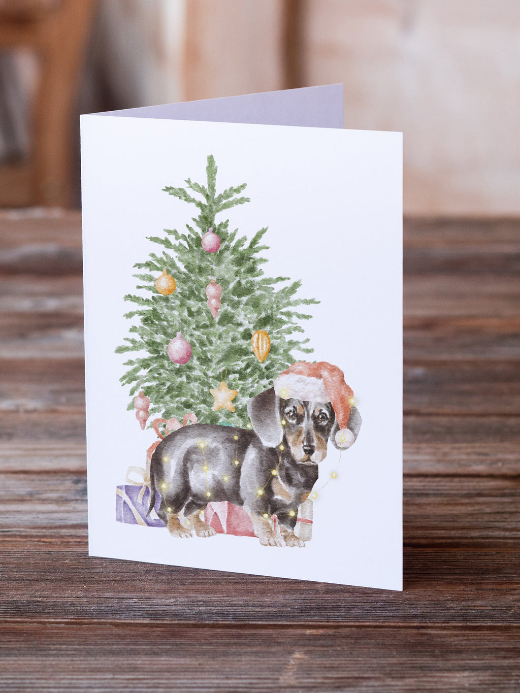 Dachshund Black Tan Puppy Christmas Presents and Tree Greeting Cards Pack of 8 Blank Cards with Envelopes Whimsical A7 Size 5x7