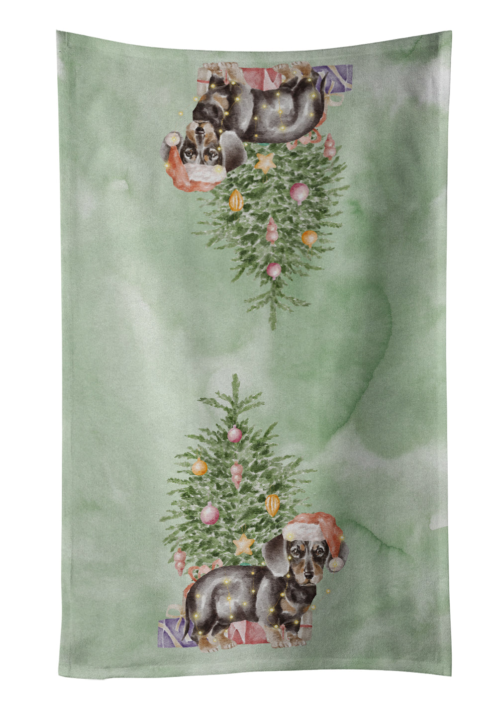 Dachshund Black Tan Puppy Christmas Presents and Tree Kitchen Towel Velour Plush Front and Cotton Loop Back Machine Washable