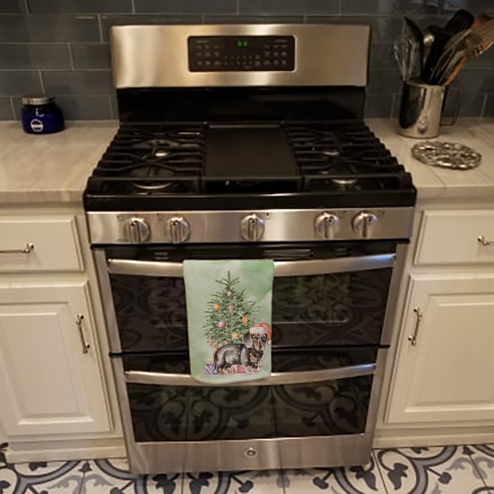 Dachshund Black Tan Puppy Christmas Presents and Tree Kitchen Towel Velour Plush Front and Cotton Loop Back Machine Washable