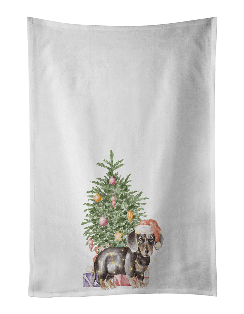 Dachshund Black Tan Puppy Christmas Presents and Tree Kitchen Towel Set of 2 White Dish Towels Decorative Bathroom Hand towel for Hand, Face, Hair, Yoga, Tea, Dishcloth, 19 X 28", White