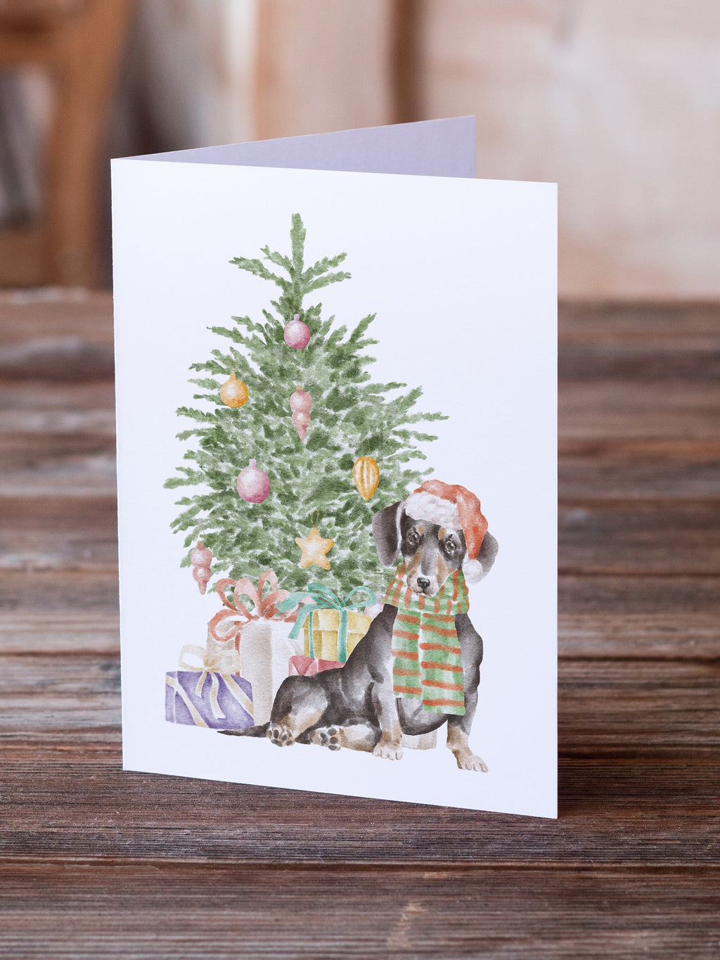Dachshund Black Tan Christmas Presents and Tree Greeting Cards Pack of 8 Blank Cards with Envelopes Whimsical A7 Size 5x7