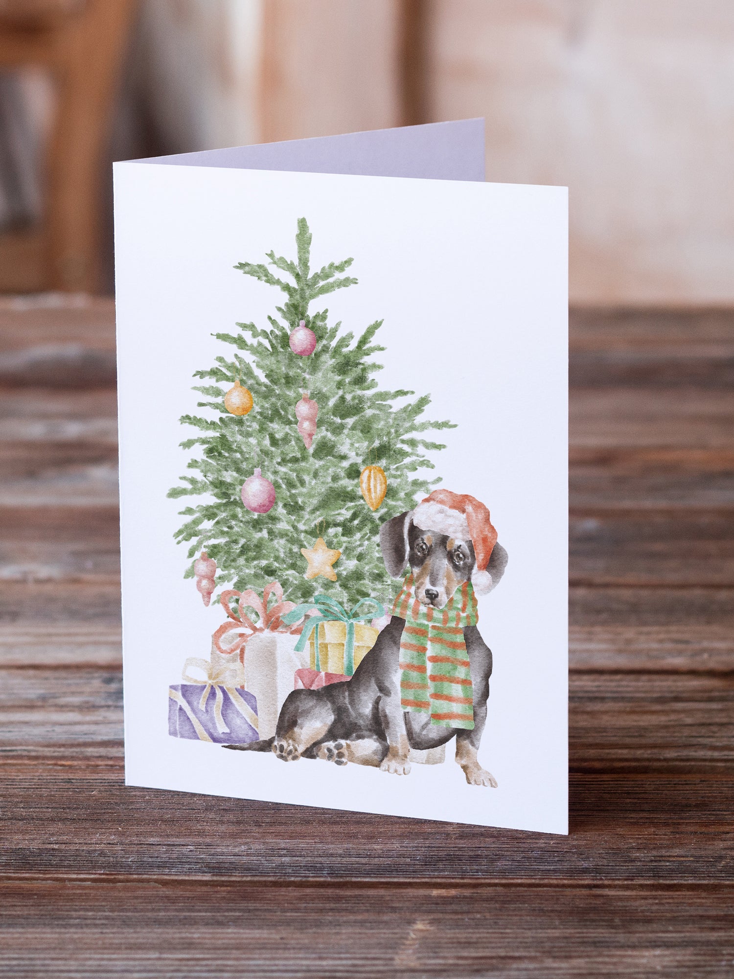 Dachshund Black Tan Christmas Presents and Tree Greeting Cards Pack of 8 Blank Cards with Envelopes Whimsical A7 Size 5x7