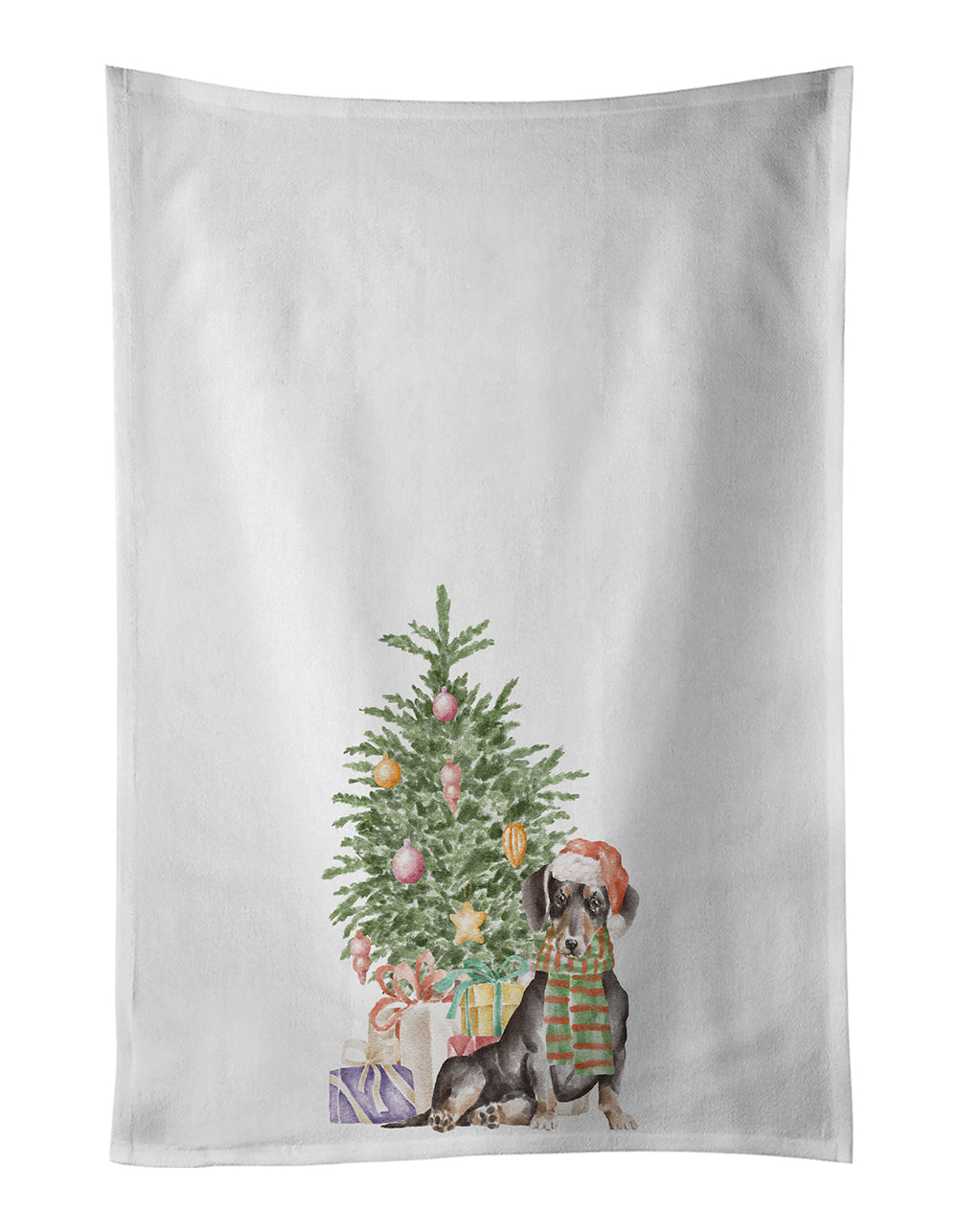 Dachshund Black Tan Christmas Presents and Tree Kitchen Towel Set of 2 White Dish Towels Decorative Bathroom Hand towel for Hand, Face, Hair, Yoga, Tea, Dishcloth, 19 X 28", White