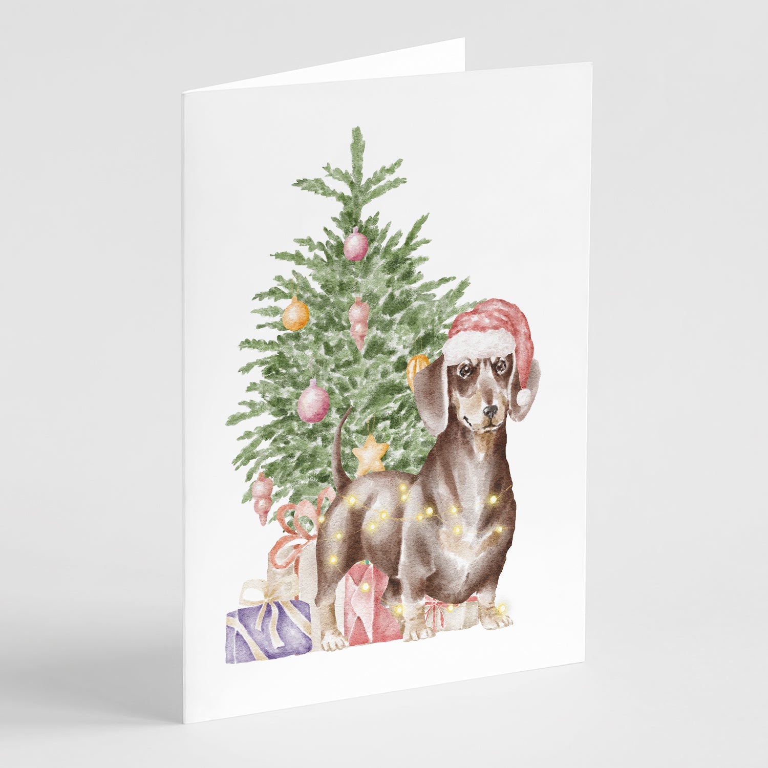 Dachshund Chocolate Tan Christmas Presents and Tree Greeting Cards Pack of 8 Blank Cards with Envelopes Whimsical A7 Size 5x7