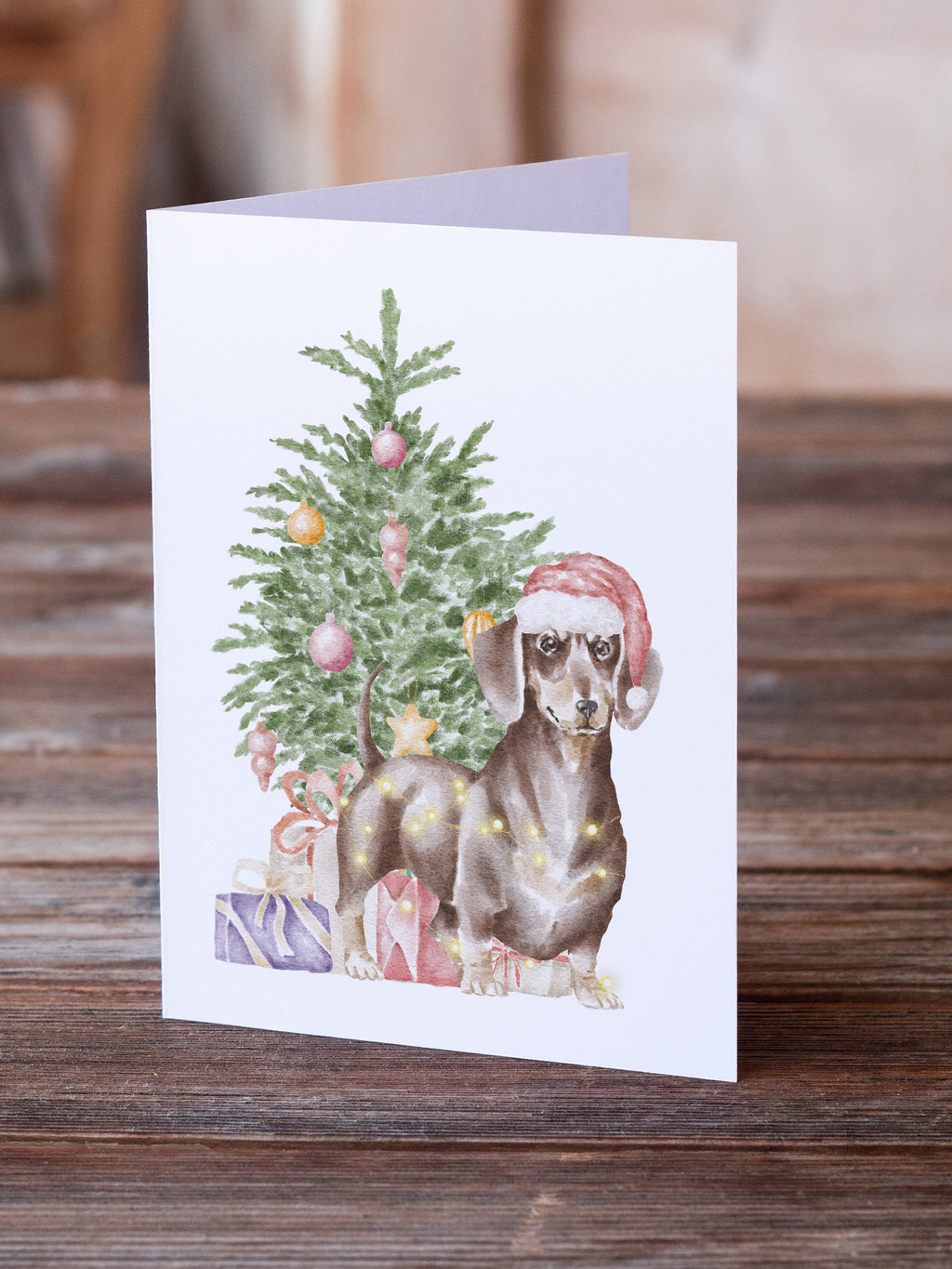 Dachshund Chocolate Tan Christmas Presents and Tree Greeting Cards Pack of 8 Blank Cards with Envelopes Whimsical A7 Size 5x7