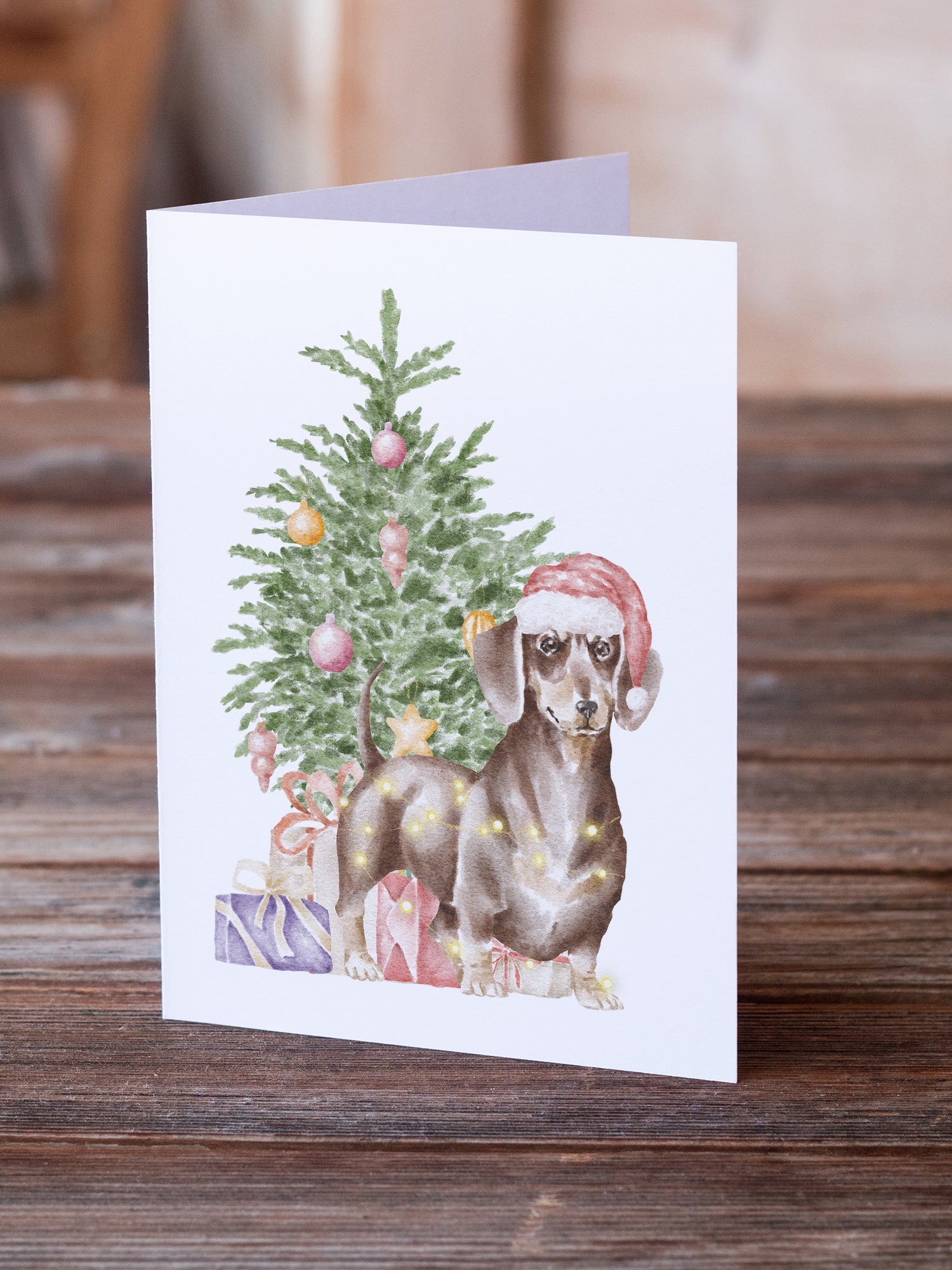 Dachshund Chocolate Tan Christmas Presents and Tree Greeting Cards Pack of 8 Blank Cards with Envelopes Whimsical A7 Size 5x7