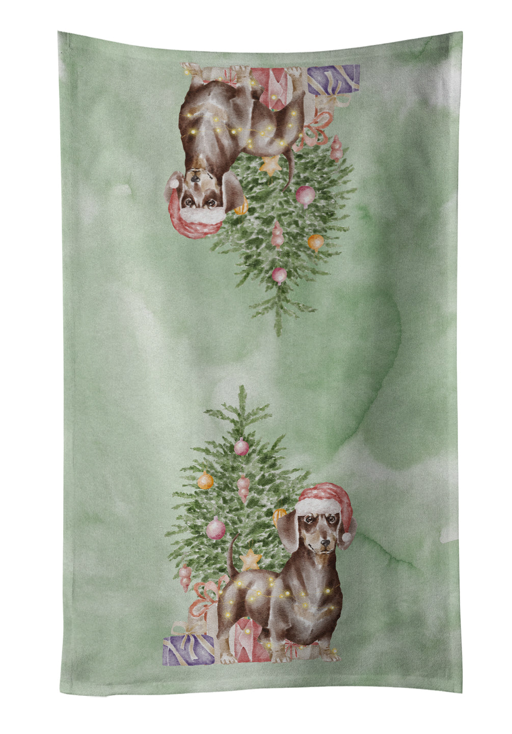Dachshund Chocolate Tan Christmas Presents and Tree Kitchen Towel Velour Plush Front and Cotton Loop Back Machine Washable