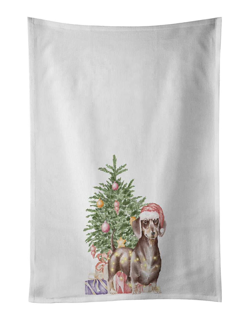 Dachshund Chocolate Tan Christmas Presents and Tree Kitchen Towel Set of 2 White Dish Towels Decorative Bathroom Hand towel for Hand, Face, Hair, Yoga, Tea, Dishcloth, 19 X 28", White