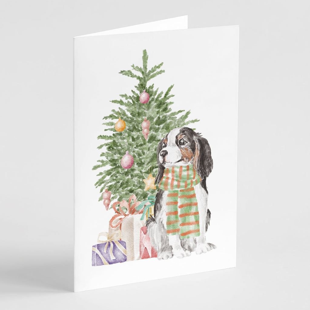 Cavalier Spaniel Tricolor Christmas Presents and Tree Greeting Cards Pack of 8 Blank Cards with Envelopes Whimsical A7 Size 5x7