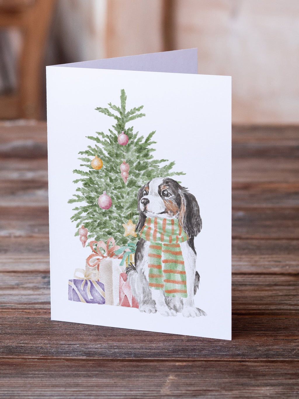 Cavalier Spaniel Tricolor Christmas Presents and Tree Greeting Cards Pack of 8 Blank Cards with Envelopes Whimsical A7 Size 5x7