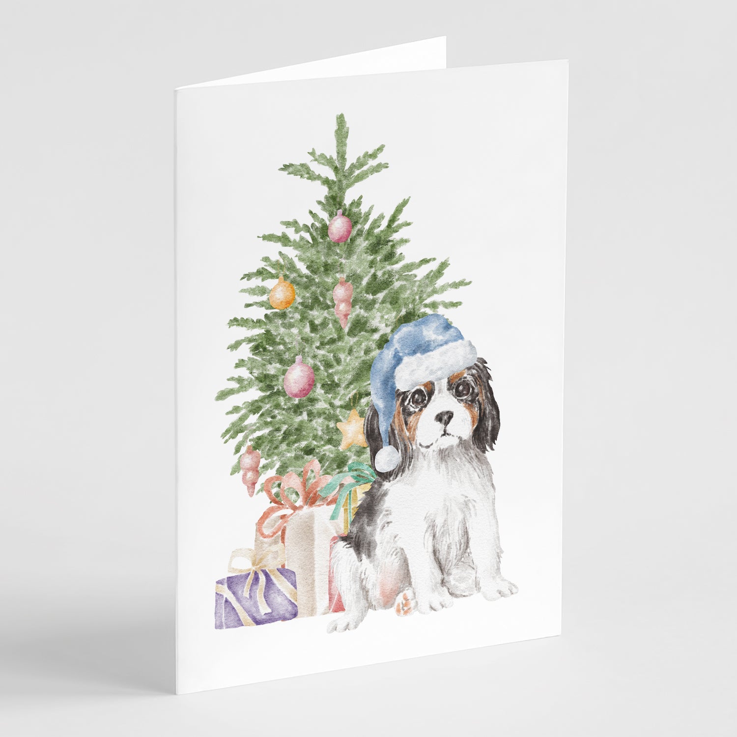 Cavalier Spaniel Tricolor Puppy Christmas Presents and Tree Greeting Cards Pack of 8 Blank Cards with Envelopes Whimsical A7 Size 5x7