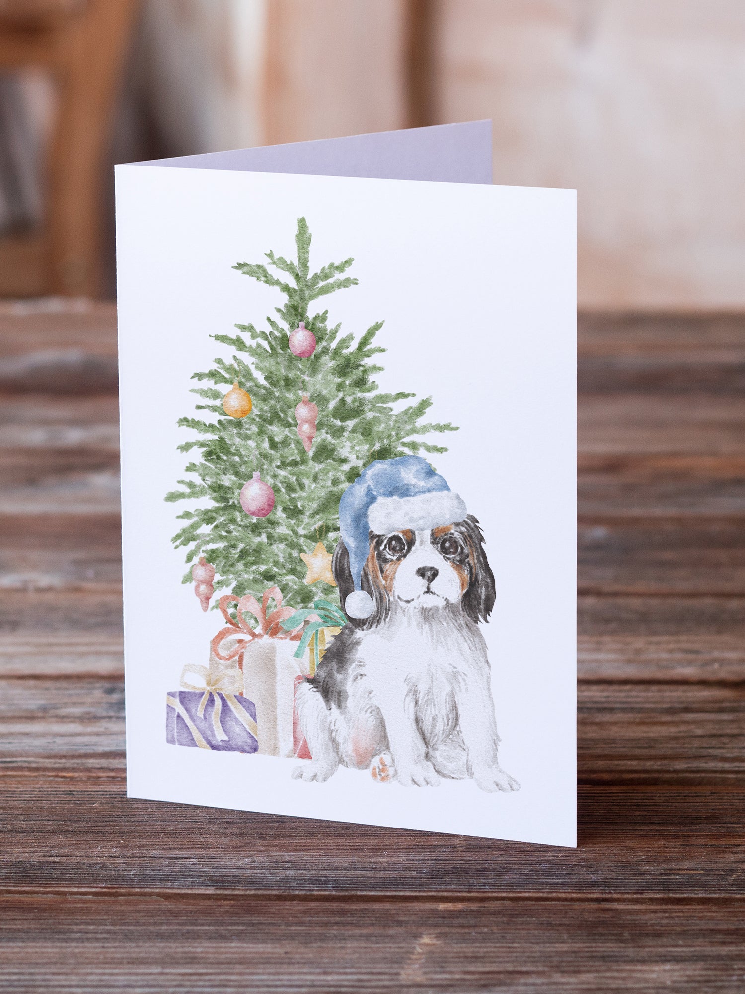 Cavalier Spaniel Tricolor Puppy Christmas Presents and Tree Greeting Cards Pack of 8 Blank Cards with Envelopes Whimsical A7 Size 5x7