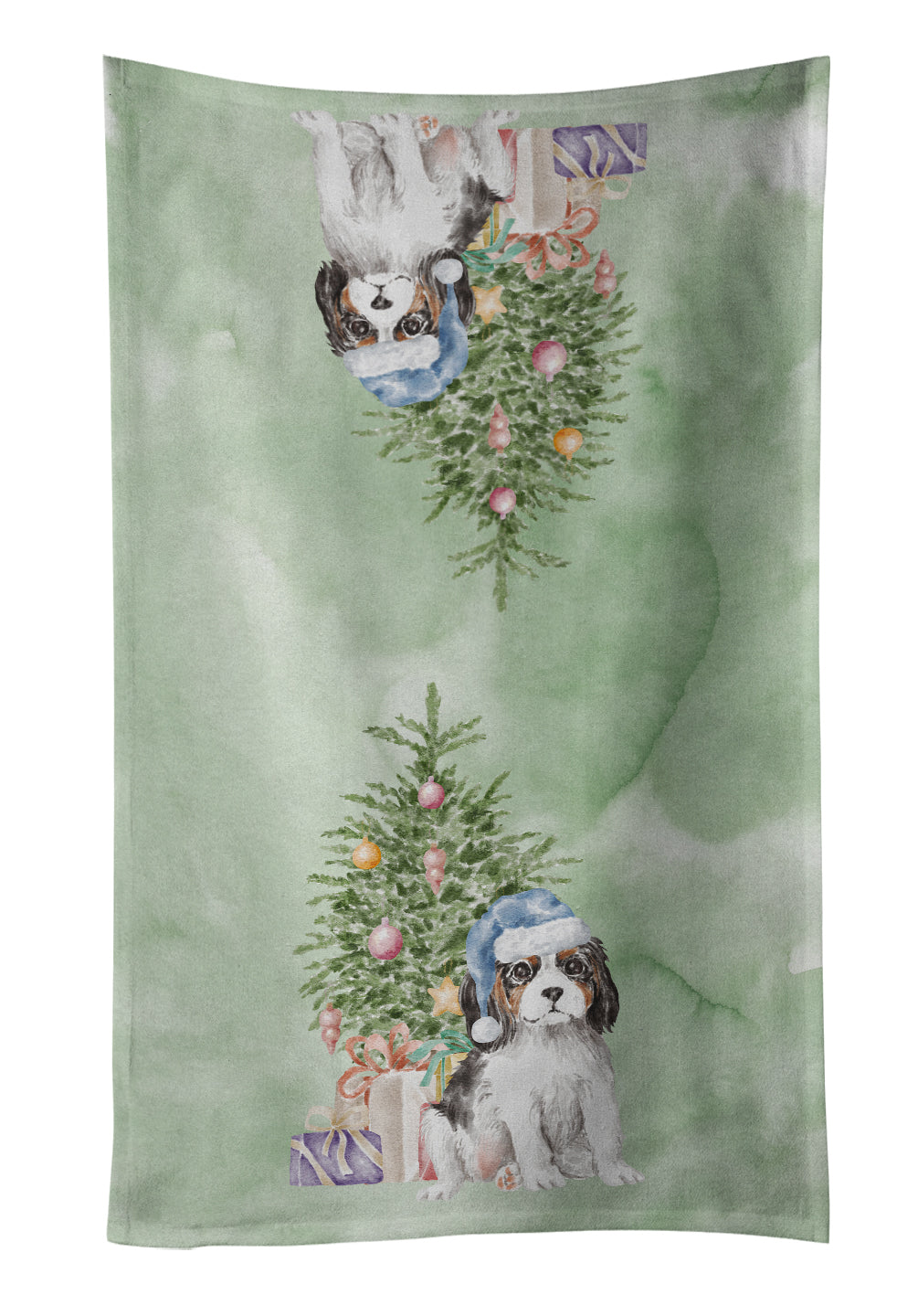 Cavalier Spaniel Tricolor Puppy Christmas Presents and Tree Kitchen Towel Velour Plush Front and Cotton Loop Back Machine Washable