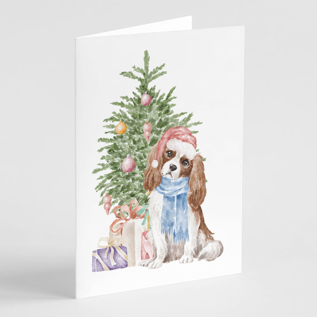 Cavalier Spaniel Tricolor Blenheim Christmas Presents and Tree Greeting Cards Pack of 8 Blank Cards with Envelopes Whimsical A7 Size 5x7