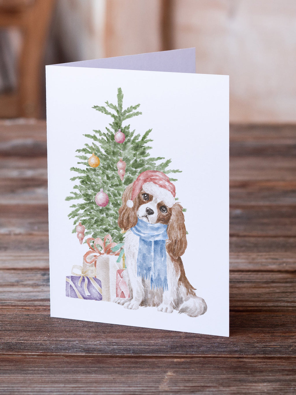 Cavalier Spaniel Tricolor Blenheim Christmas Presents and Tree Greeting Cards Pack of 8 Blank Cards with Envelopes Whimsical A7 Size 5x7