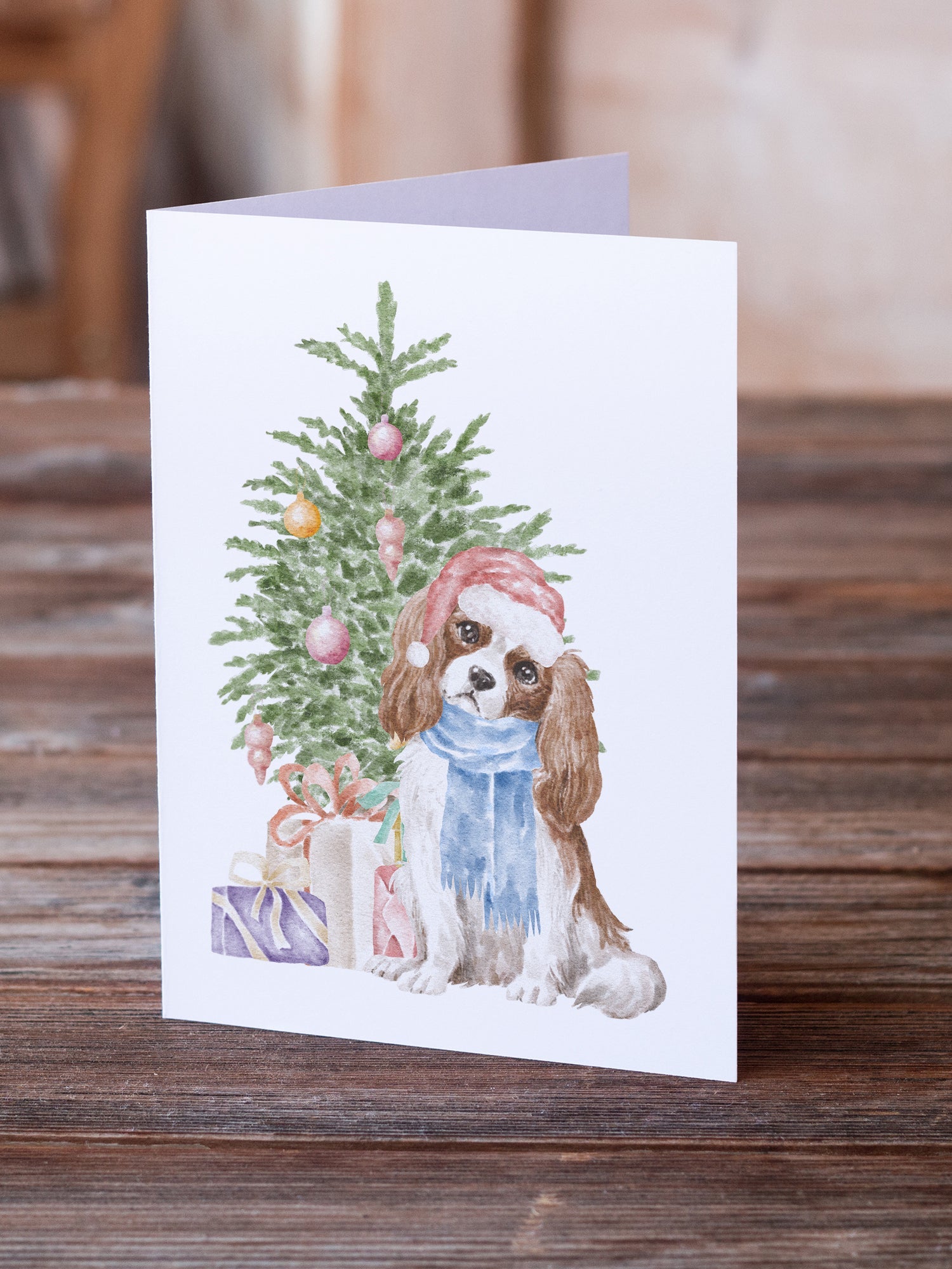 Cavalier Spaniel Tricolor Blenheim Christmas Presents and Tree Greeting Cards Pack of 8 Blank Cards with Envelopes Whimsical A7 Size 5x7