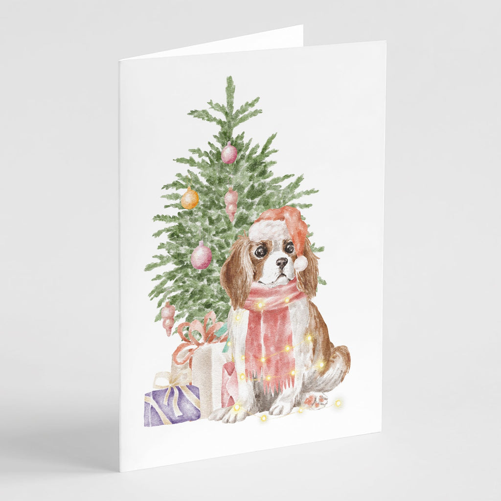 Cavalier Spaniel Tricolor Blenheim Puppy Christmas Presents and Tree Greeting Cards Pack of 8 Blank Cards with Envelopes Whimsical A7 Size 5x7