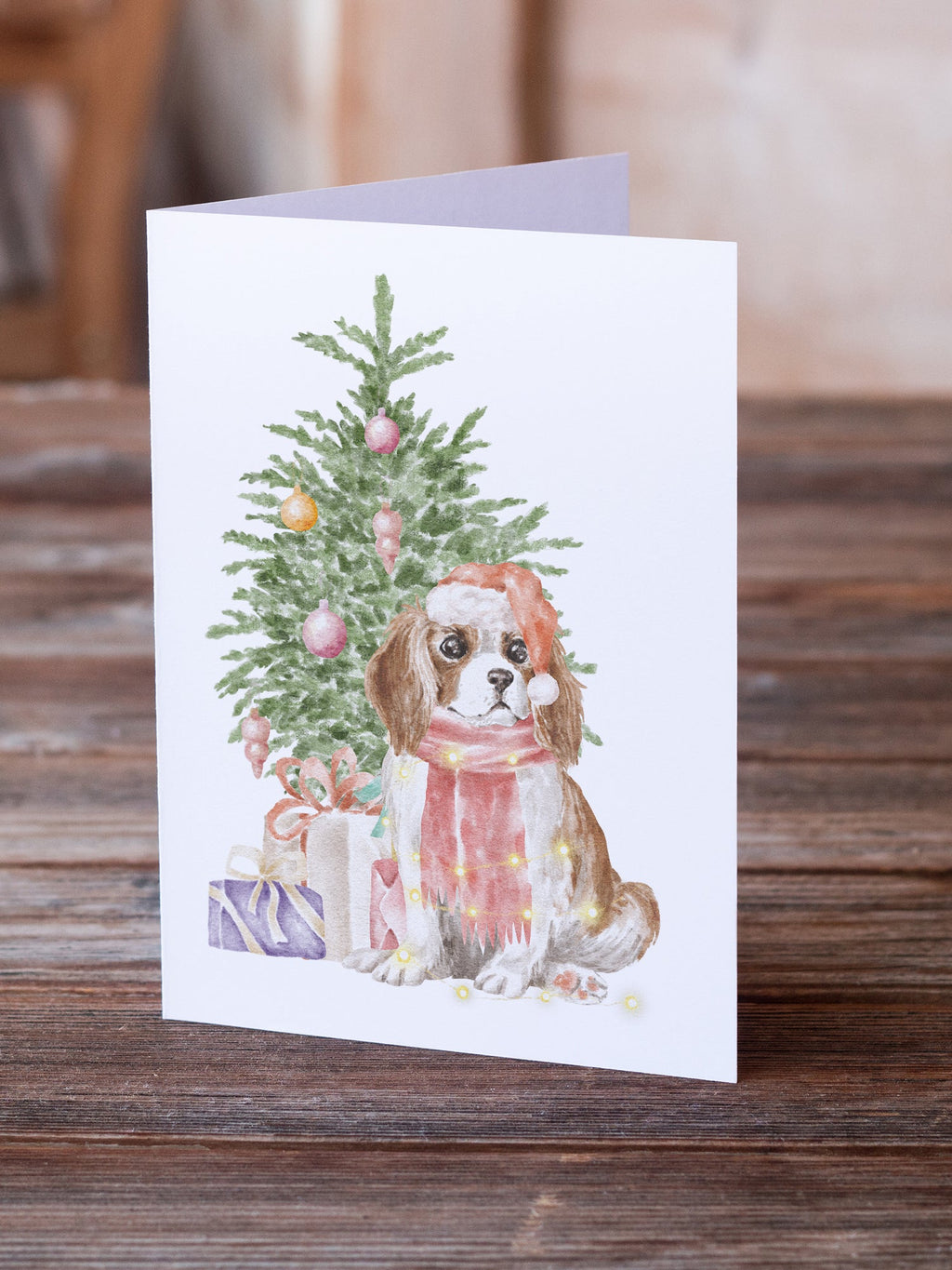 Cavalier Spaniel Tricolor Blenheim Puppy Christmas Presents and Tree Greeting Cards Pack of 8 Blank Cards with Envelopes Whimsical A7 Size 5x7