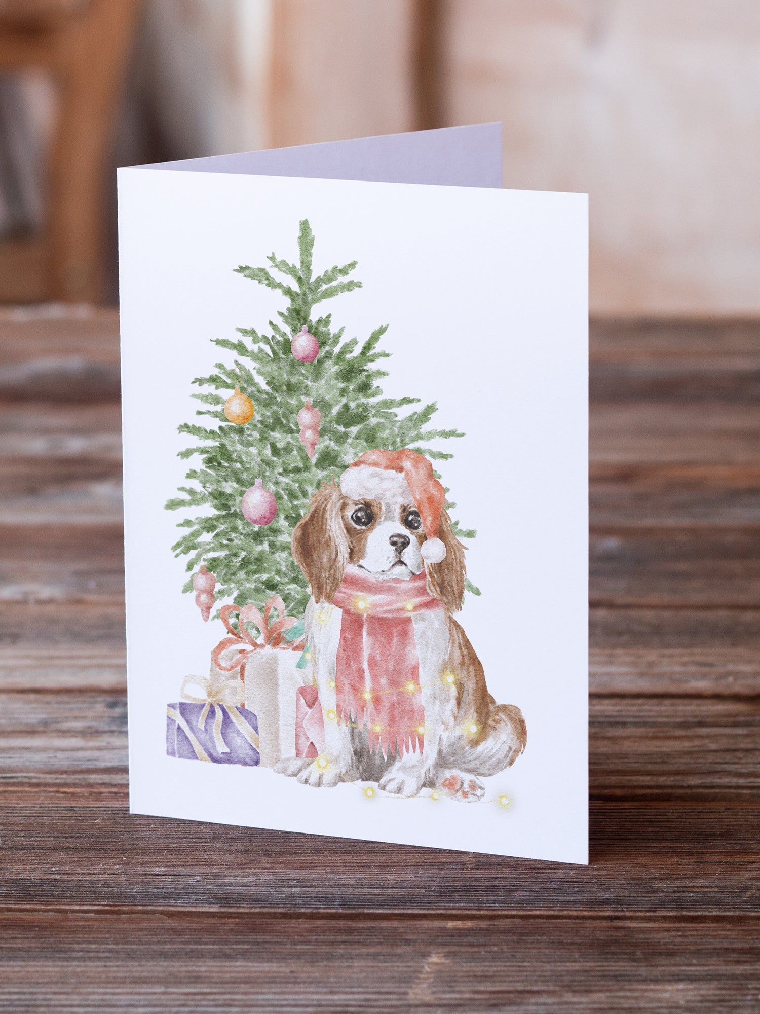 Cavalier Spaniel Tricolor Blenheim Puppy Christmas Presents and Tree Greeting Cards Pack of 8 Blank Cards with Envelopes Whimsical A7 Size 5x7