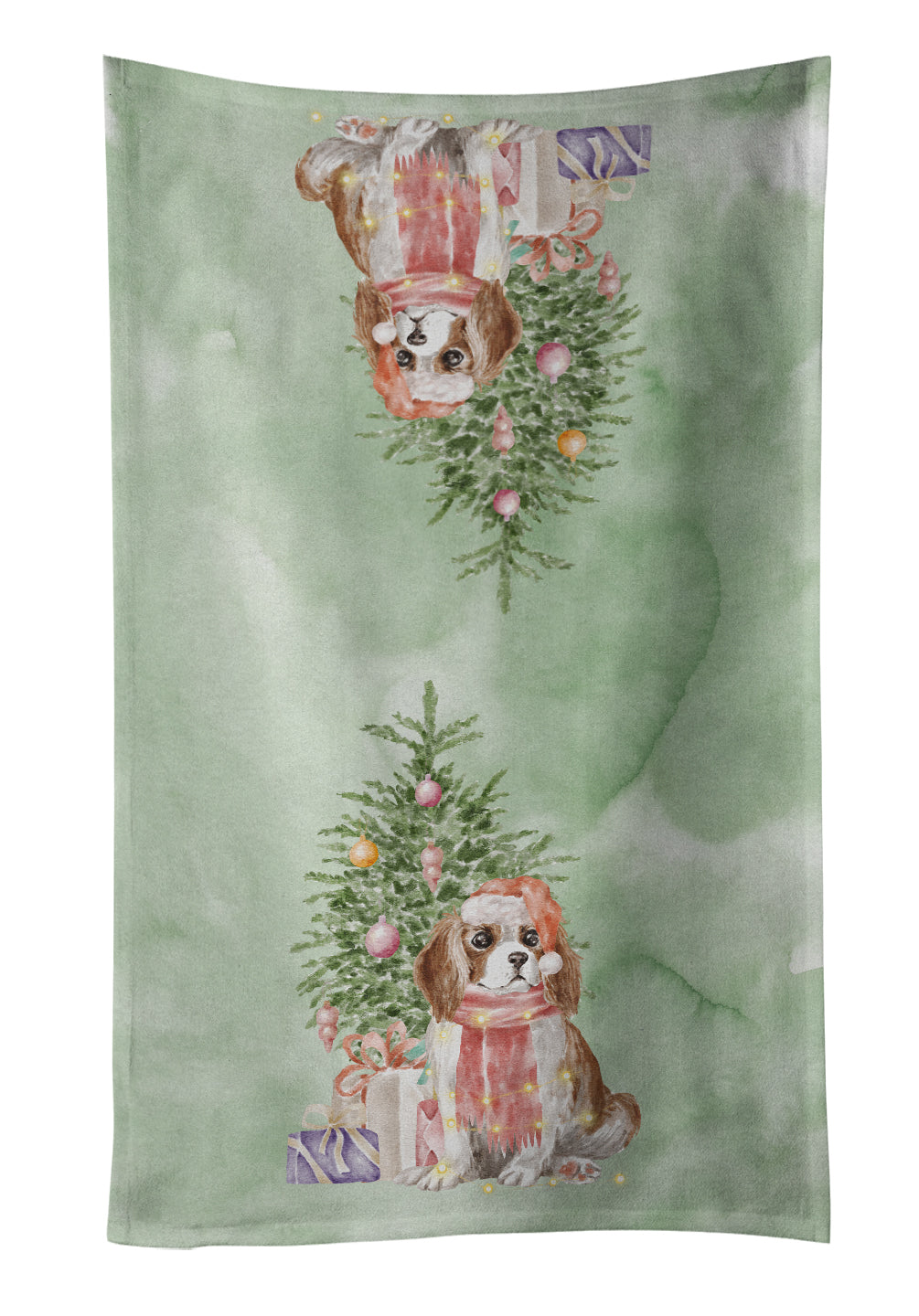 Cavalier Spaniel Tricolor Blenheim Puppy Christmas Presents and Tree Kitchen Towel Velour Plush Front and Cotton Loop Back Machine Washable