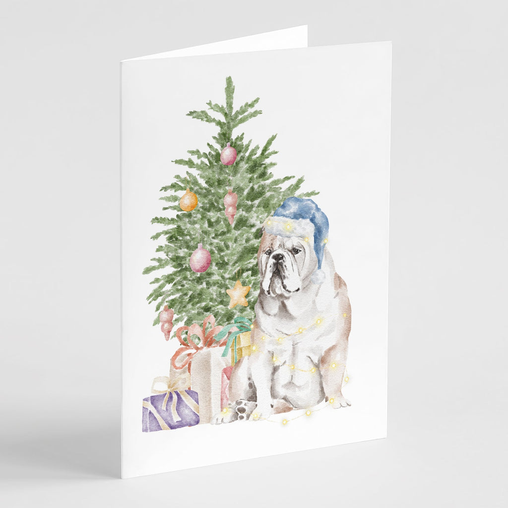 Bulldog, English Bulldog Christmas Presents and Tree Greeting Cards Pack of 8 Blank Cards with Envelopes Whimsical A7 Size 5x7