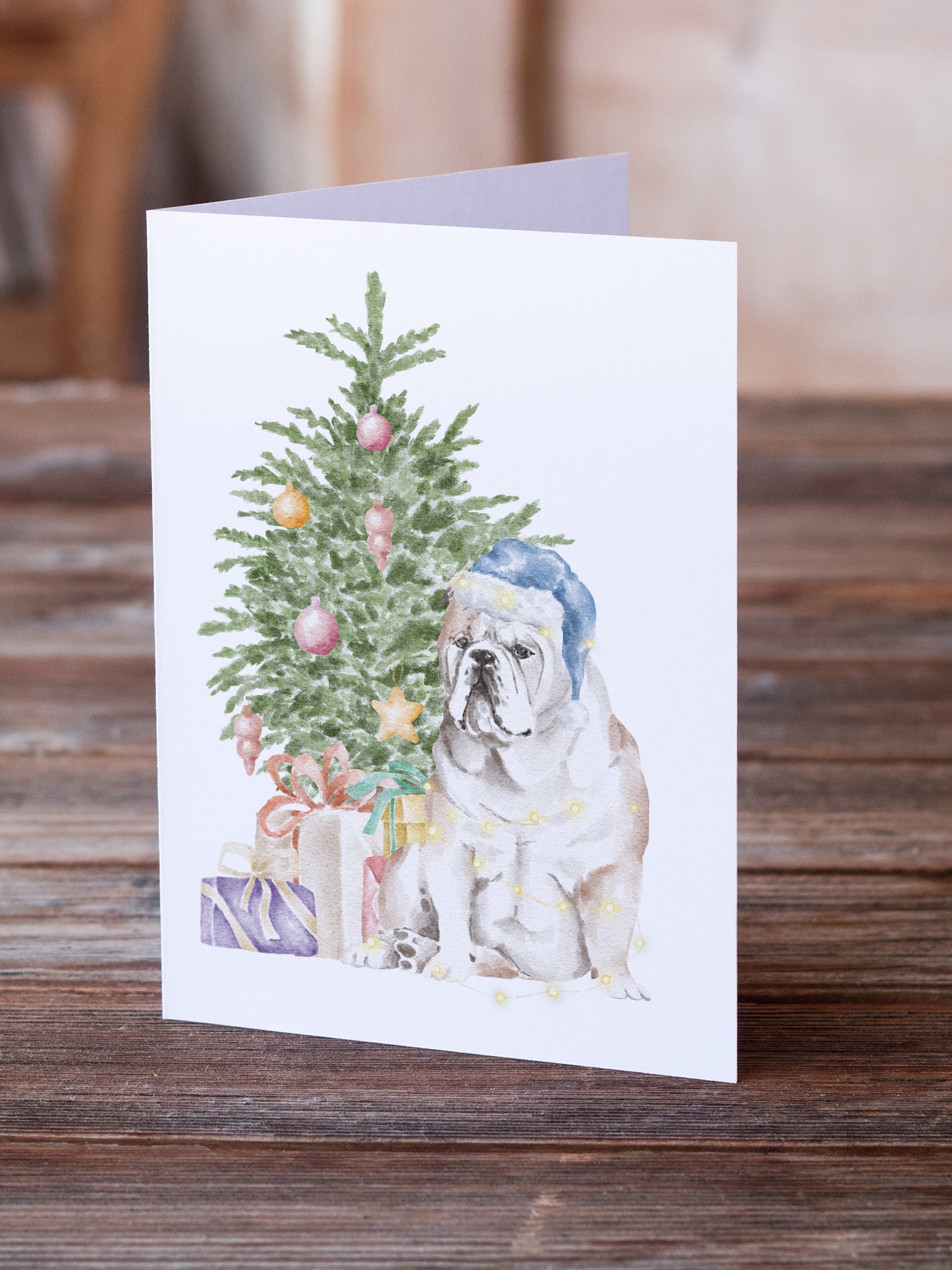 Bulldog, English Bulldog Christmas Presents and Tree Greeting Cards Pack of 8 Blank Cards with Envelopes Whimsical A7 Size 5x7