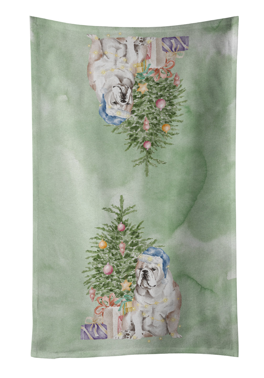 Bulldog, English Bulldog Christmas Presents and Tree Kitchen Towel Velour Plush Front and Cotton Loop Back Machine Washable