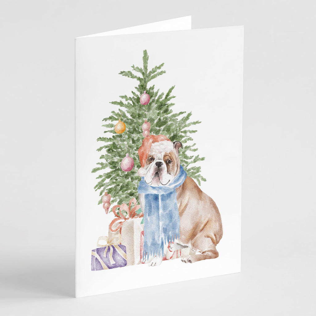 Bulldog, English Bulldog #2 Christmas Presents and Tree Greeting Cards Pack of 8 Blank Cards with Envelopes Whimsical A7 Size 5x7
