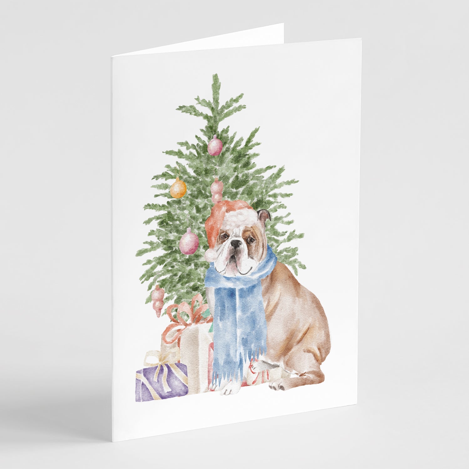 Bulldog, English Bulldog #2 Christmas Presents and Tree Greeting Cards Pack of 8 Blank Cards with Envelopes Whimsical A7 Size 5x7