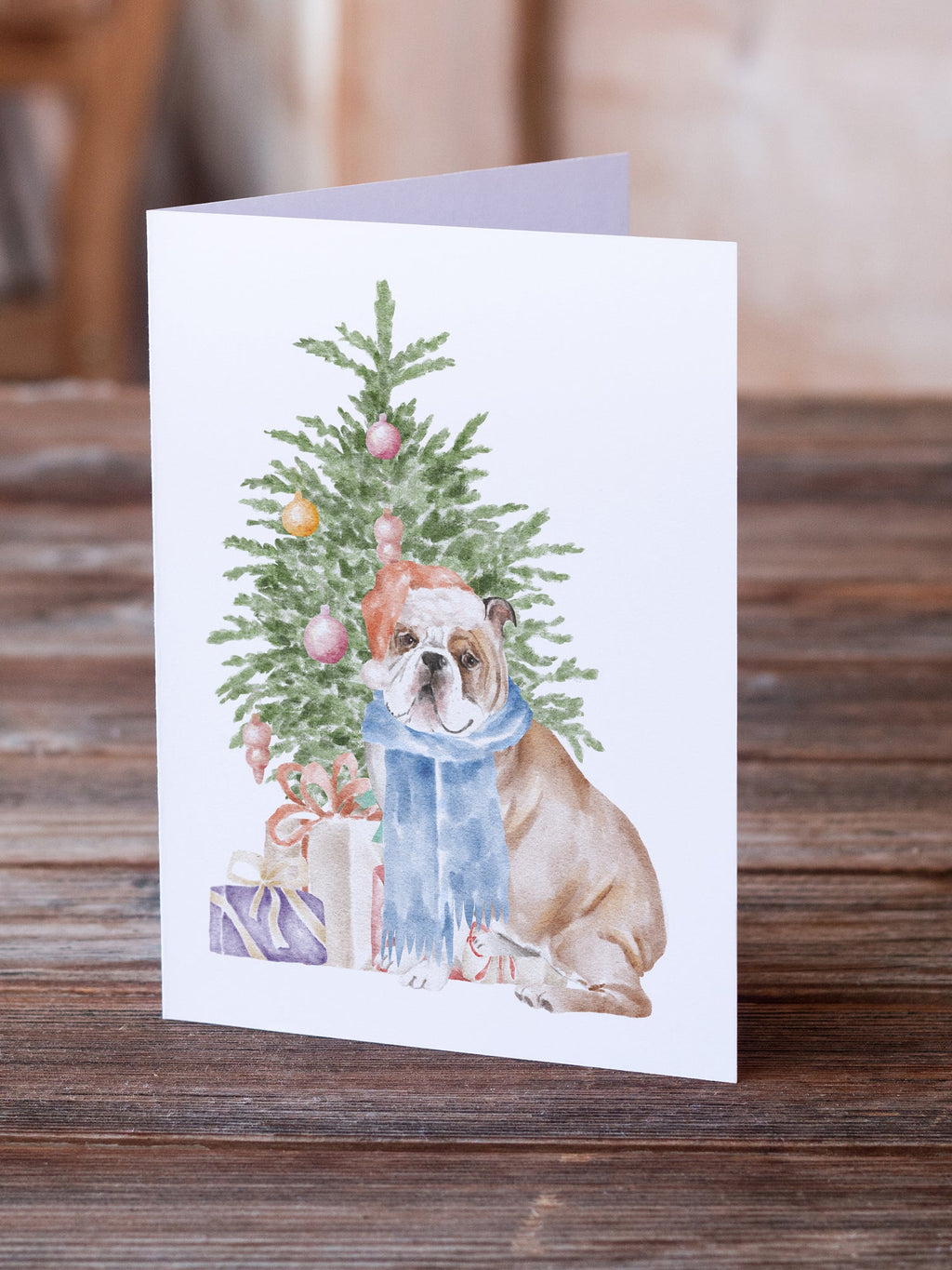 Bulldog, English Bulldog #2 Christmas Presents and Tree Greeting Cards Pack of 8 Blank Cards with Envelopes Whimsical A7 Size 5x7