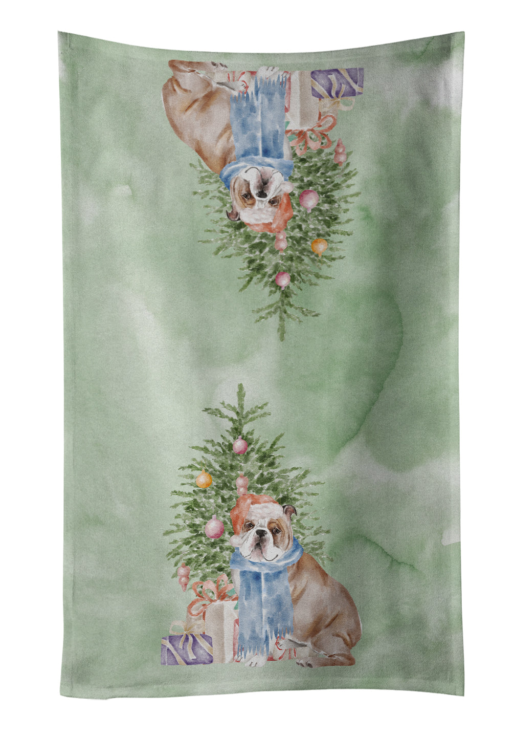 Bulldog, English Bulldog #2 Christmas Presents and Tree Kitchen Towel Velour Plush Front and Cotton Loop Back Machine Washable