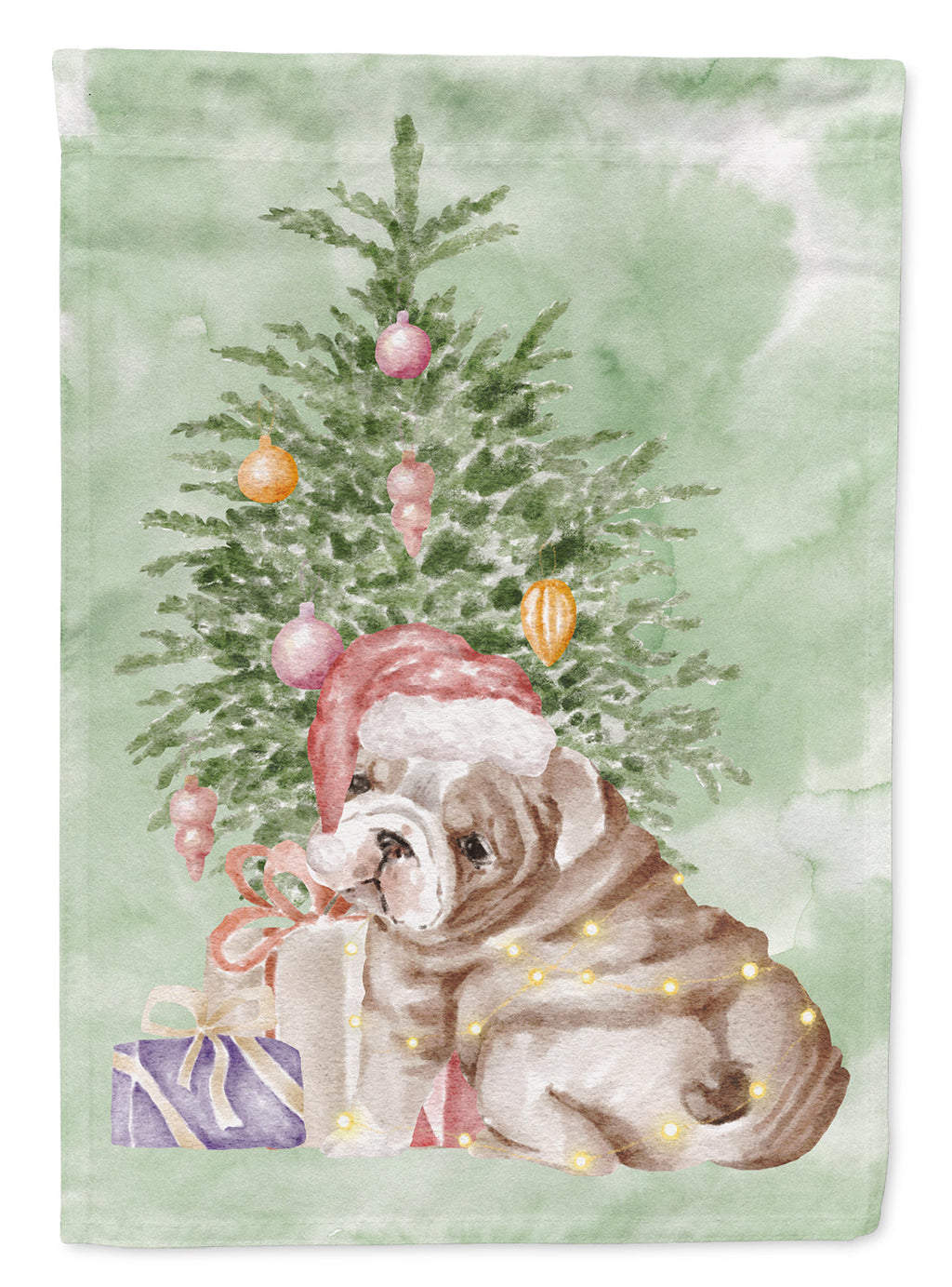 Bulldog, English Bulldog Puppy Christmas Presents and Tree House Flag 28x40 Porch Sleeve Pole Decorative Outside Yard Banner Artwork Wall Hanging, Polyester