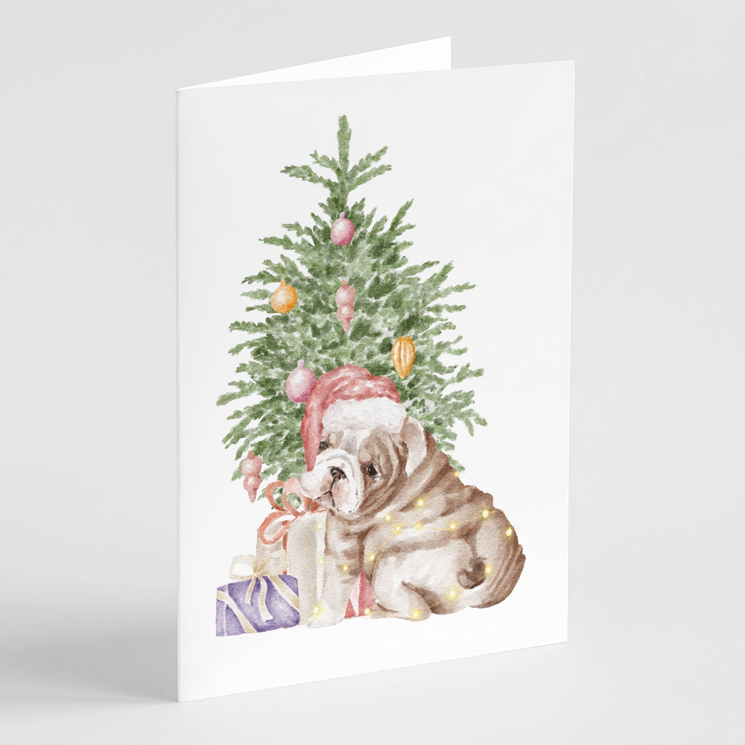 Bulldog, English Bulldog Puppy Christmas Presents and Tree Greeting Cards Pack of 8 Blank Cards with Envelopes Whimsical A7 Size 5x7