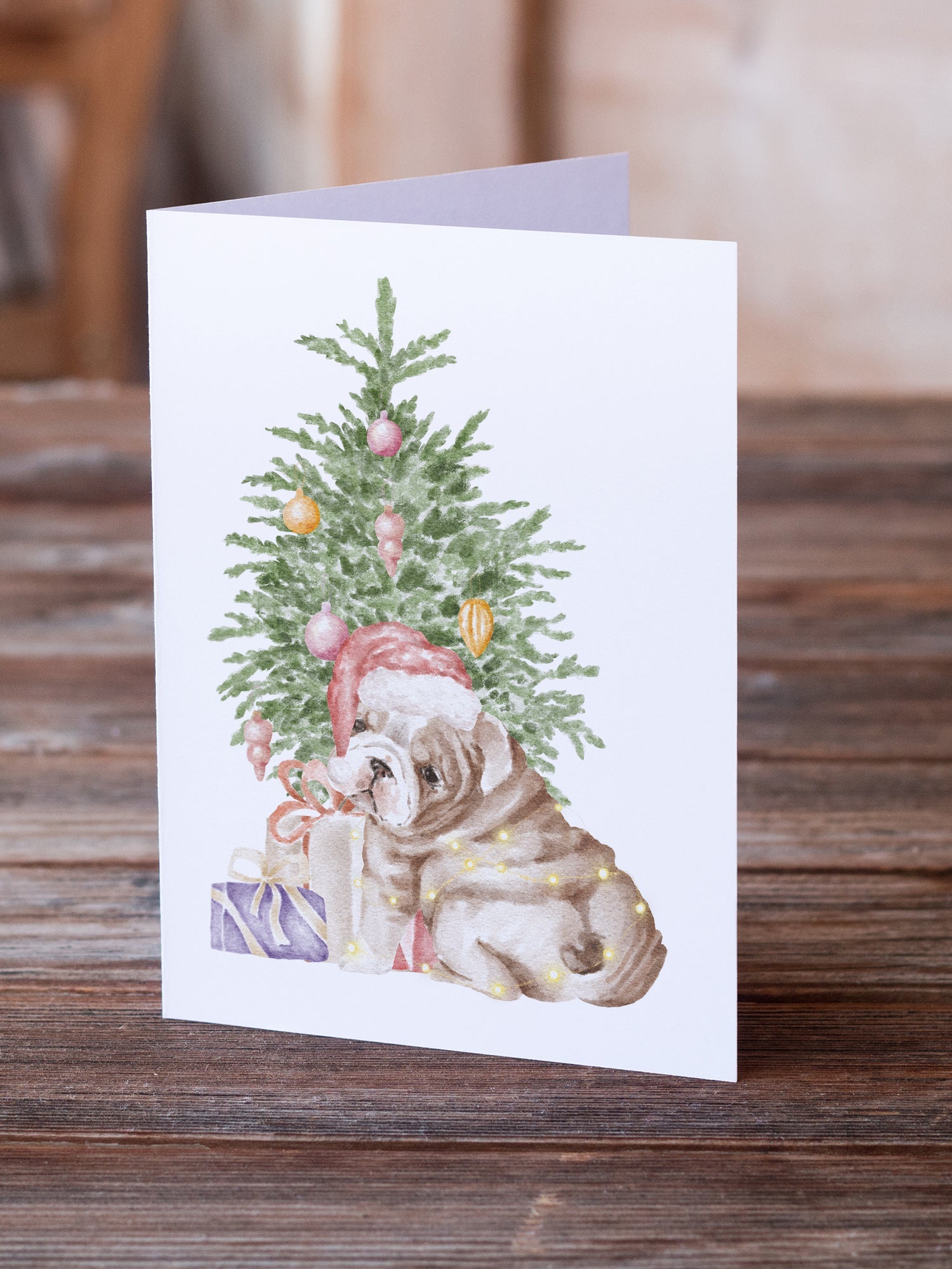 Bulldog, English Bulldog Puppy Christmas Presents and Tree Greeting Cards Pack of 8 Blank Cards with Envelopes Whimsical A7 Size 5x7