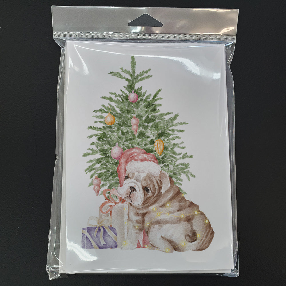 Bulldog, English Bulldog Puppy Christmas Presents and Tree Greeting Cards Pack of 8 Blank Cards with Envelopes Whimsical A7 Size 5x7