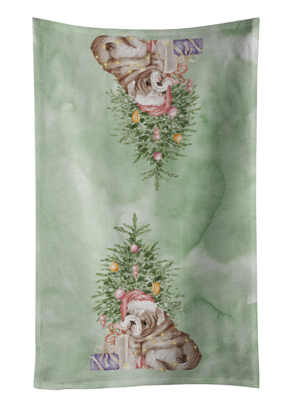 Bulldog, English Bulldog Puppy Christmas Presents and Tree Kitchen Towel Velour Plush Front and Cotton Loop Back Machine Washable