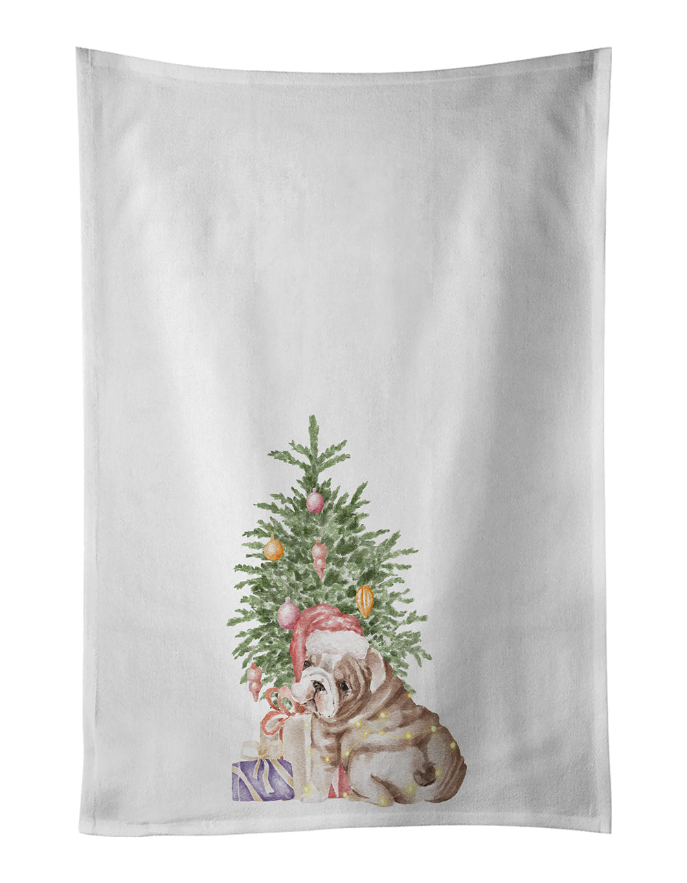 Bulldog, English Bulldog Puppy Christmas Presents and Tree Kitchen Towel Set of 2 White Dish Towels Decorative Bathroom Hand towel for Hand, Face, Hair, Yoga, Tea, Dishcloth, 19 X 28", White