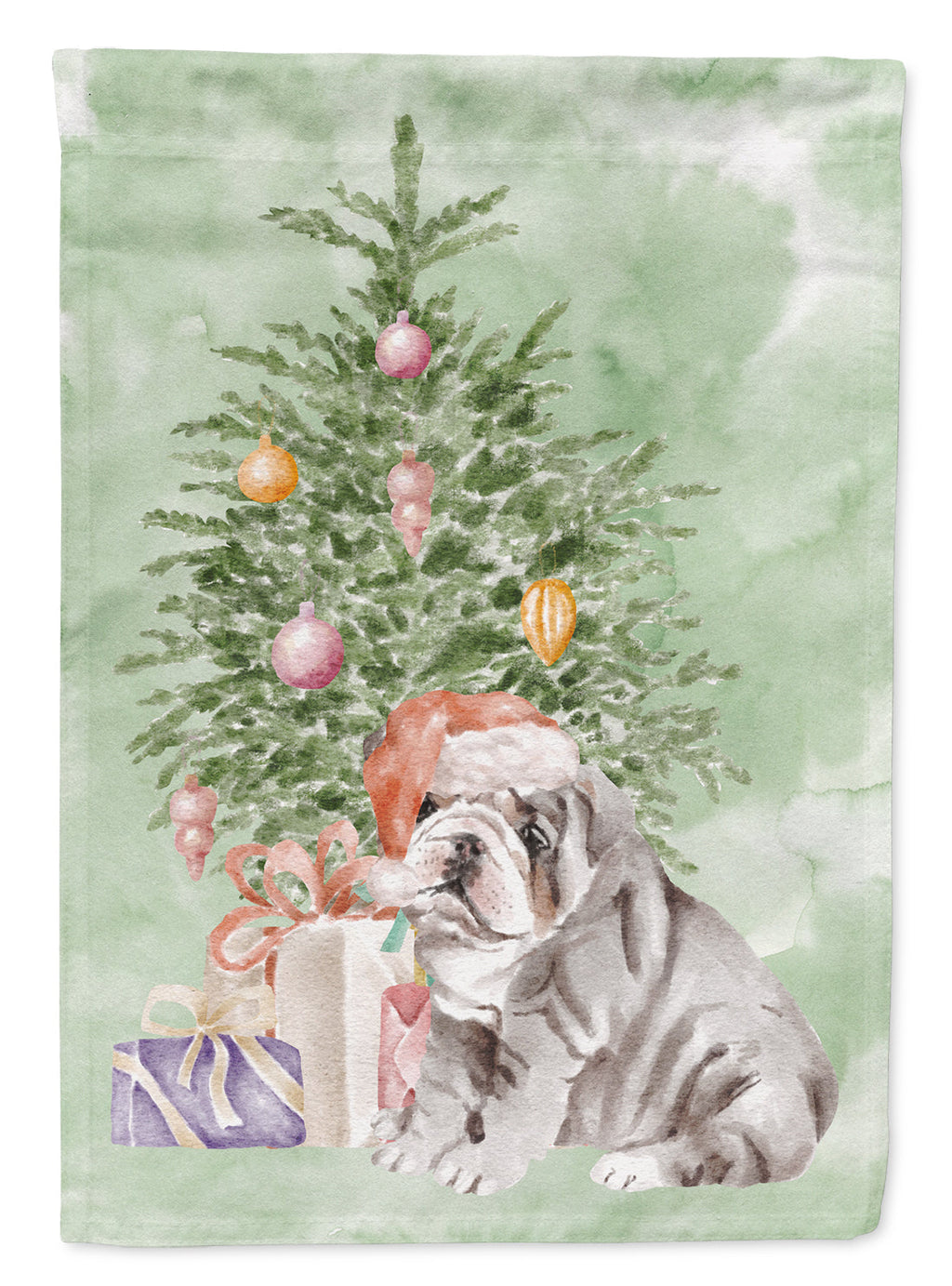 Bulldog, English Bulldog Puppy #2 Christmas Presents and Tree House Flag 28x40 Porch Sleeve Pole Decorative Outside Yard Banner Artwork Wall Hanging, Polyester