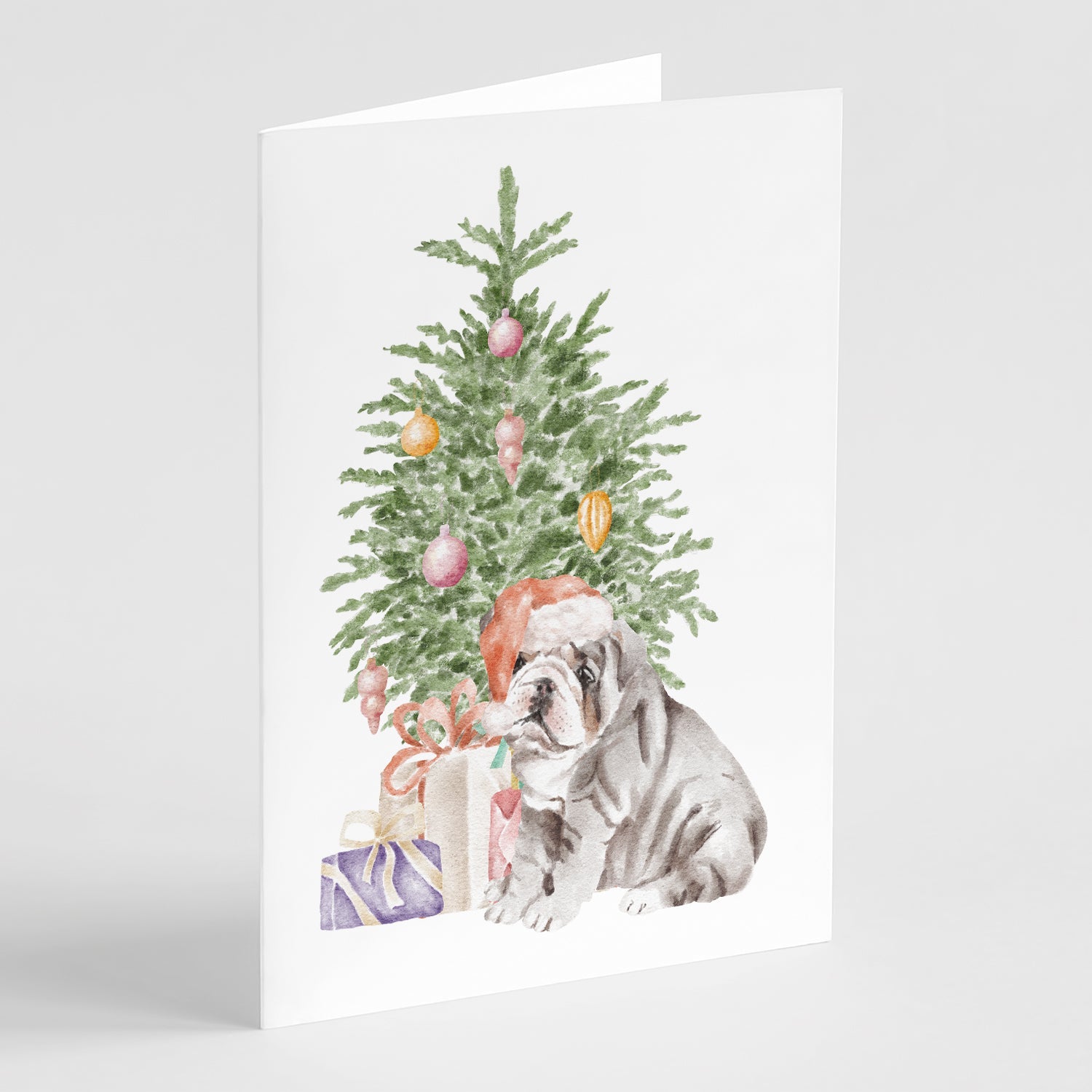 Bulldog, English Bulldog Puppy #2 Christmas Presents and Tree Greeting Cards Pack of 8 Blank Cards with Envelopes Whimsical A7 Size 5x7