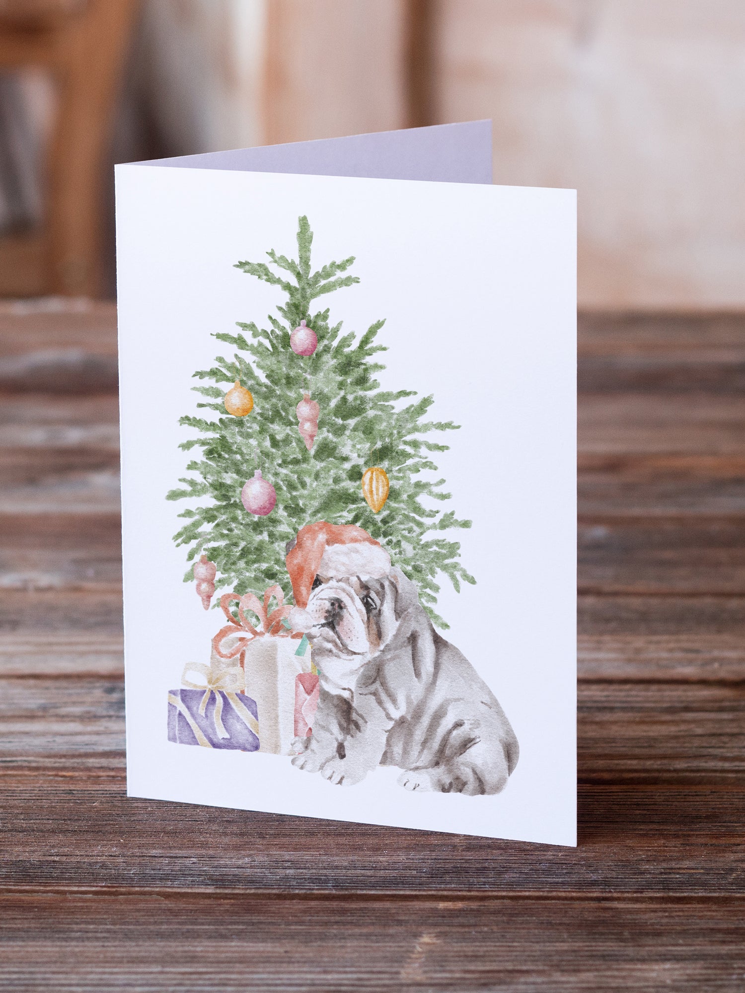 Bulldog, English Bulldog Puppy #2 Christmas Presents and Tree Greeting Cards Pack of 8 Blank Cards with Envelopes Whimsical A7 Size 5x7
