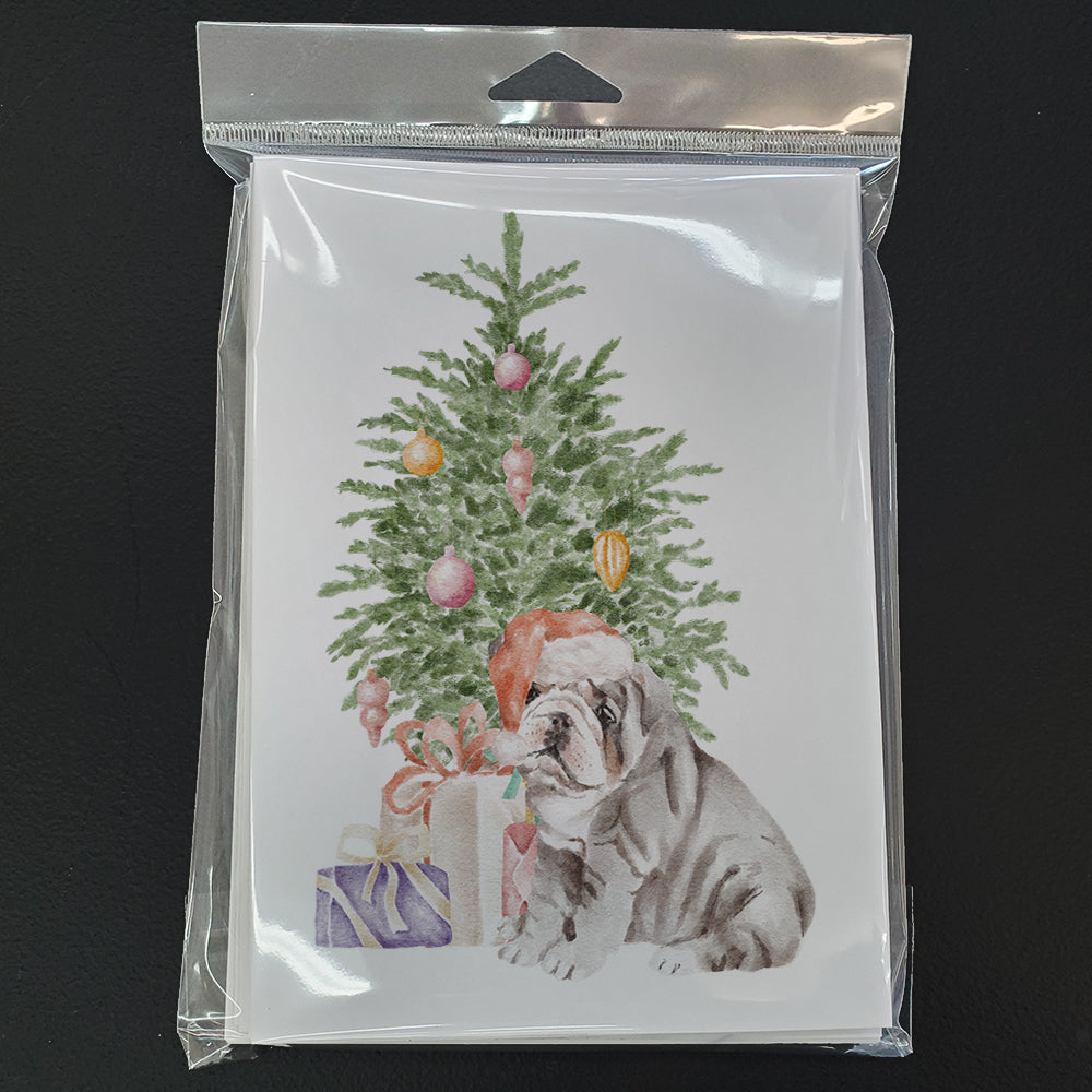 Bulldog, English Bulldog Puppy #2 Christmas Presents and Tree Greeting Cards Pack of 8 Blank Cards with Envelopes Whimsical A7 Size 5x7