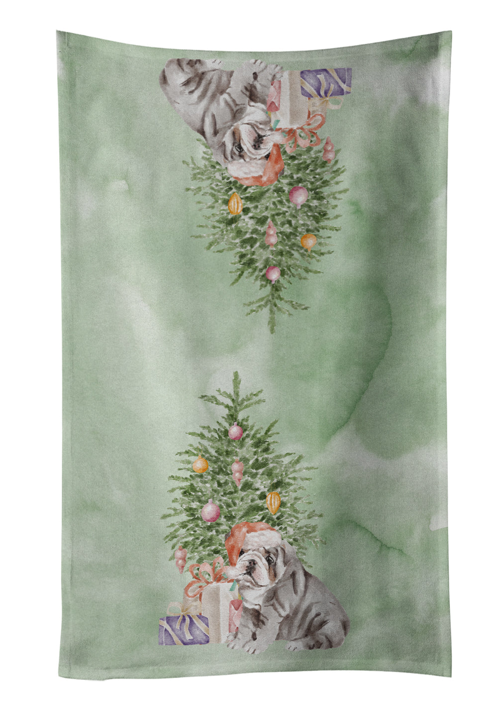 Bulldog, English Bulldog Puppy #2 Christmas Presents and Tree Kitchen Towel Velour Plush Front and Cotton Loop Back Machine Washable