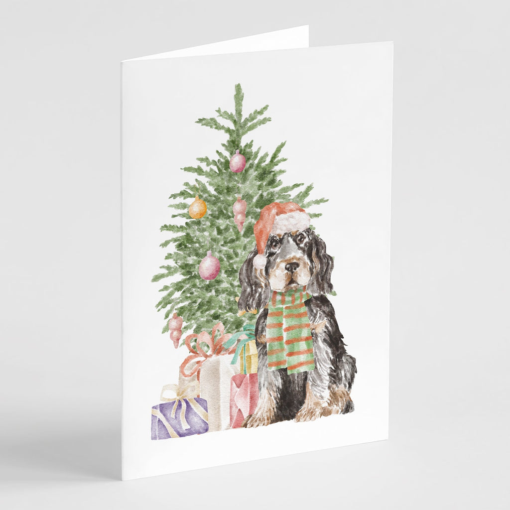 Cocker Spaniel English Black Tan Christmas Presents and Tree Greeting Cards Pack of 8 Blank Cards with Envelopes Whimsical A7 Size 5x7