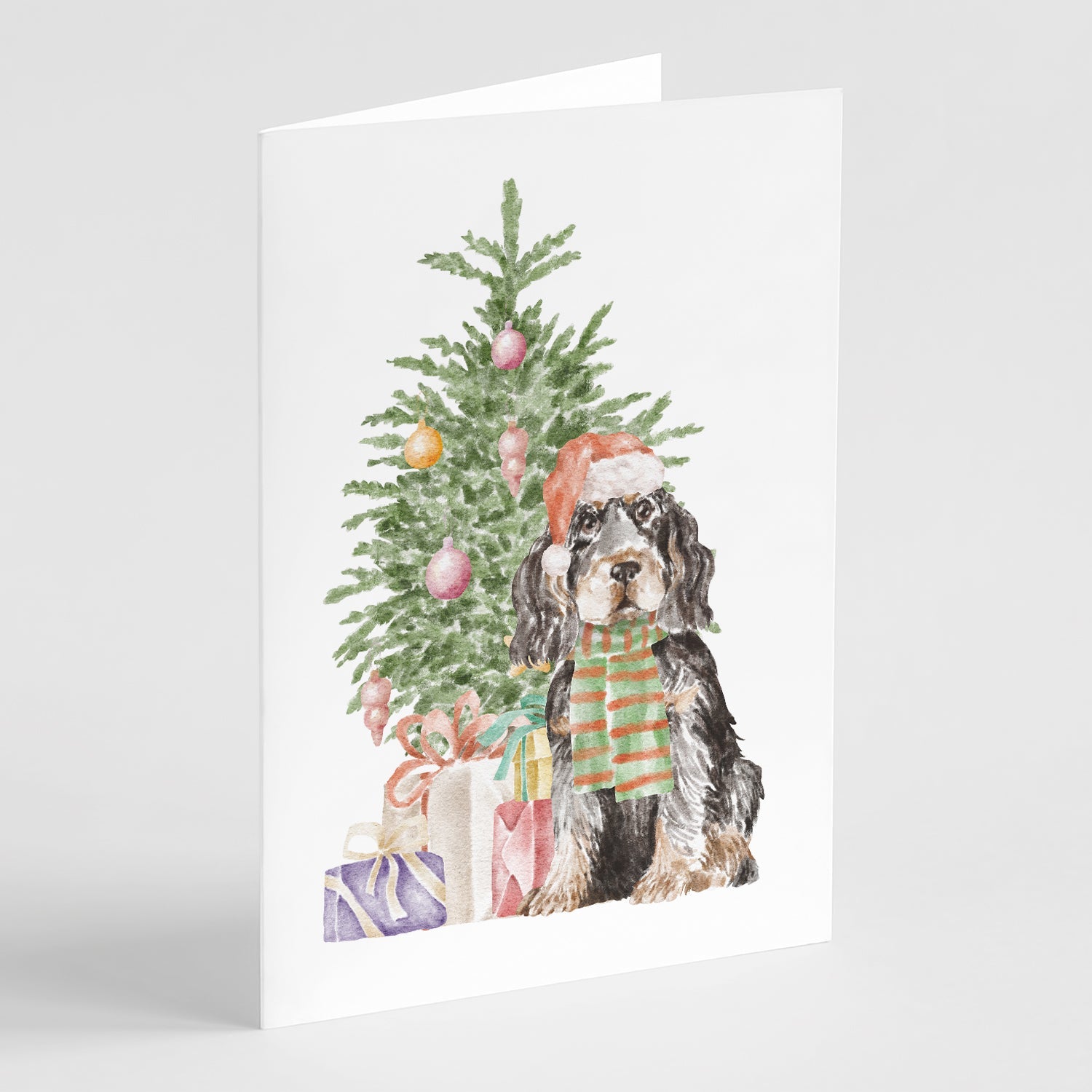 Cocker Spaniel English Black Tan Christmas Presents and Tree Greeting Cards Pack of 8 Blank Cards with Envelopes Whimsical A7 Size 5x7