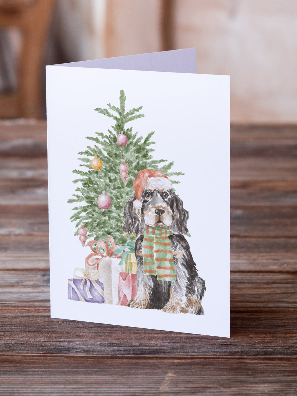 Cocker Spaniel English Black Tan Christmas Presents and Tree Greeting Cards Pack of 8 Blank Cards with Envelopes Whimsical A7 Size 5x7